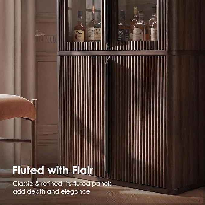 77" Tall Storage Cabinet - Fluted Pantry Cabinets with Glass Doors, Wooden Kitchen Food Cupboard, Adjustable Shelves, Modern Display Storage Closet for Living Room, Dining Room, Office, Brown 2pcs