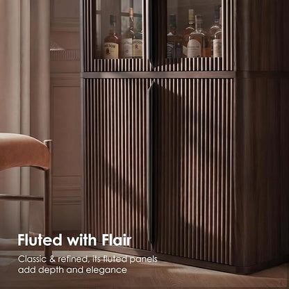 77" Tall Storage Cabinet - Fluted Pantry Cabinets with Glass Doors, Wooden Kitchen Food Cupboard, Adjustable Shelves, Modern Display Storage Closet for Living Room, Dining Room, Office, Brown 2pcs