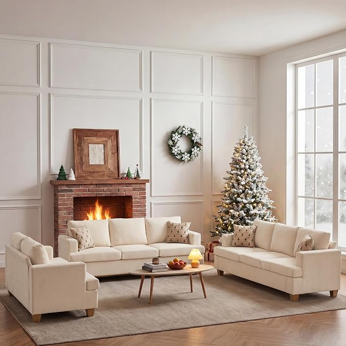 Apicizon 3 Pieces Couch Set Living Room Furniture Sets, Loveseat Sofa & 3 Seater Sofa Set of 3 for Bedroom, Comfy Chenille Couch Sleeper Sofa for Apartment Lounge, White Chenille