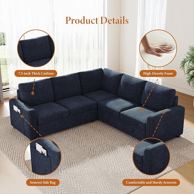 Vesgantti 88.4" Sleeper Sectional Couch with Pull Out Bed, 5 Seater L Shaped Modular Sectional Sofa with Storage, Comfy Chenille Modular Sofa for Living Room, Bedroom, Apartment, Blue