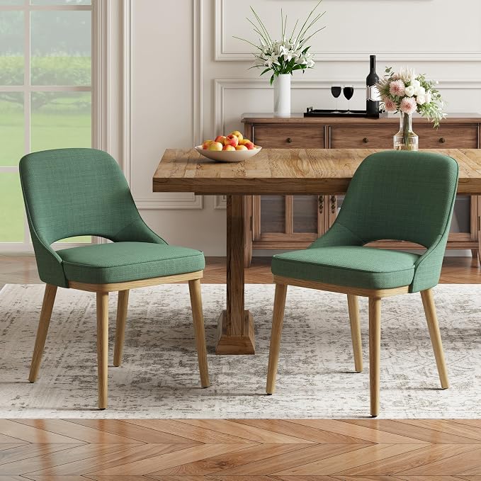 Modern Upholstered Dining Chairs Set of 2, Open Back with Solid Wood Legs, Ergonomic Curved Back Fabric Kitchen Chairs for Dining Room & Kitchen, Living Room Side Chairs, Farmhouse, Green