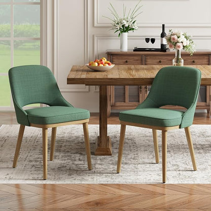 Modern Upholstered Dining Chairs Set of 2, Open Back with Solid Wood Legs, Ergonomic Curved Back Fabric Kitchen Chairs for Dining Room & Kitchen, Living Room Side Chairs, Farmhouse, Green