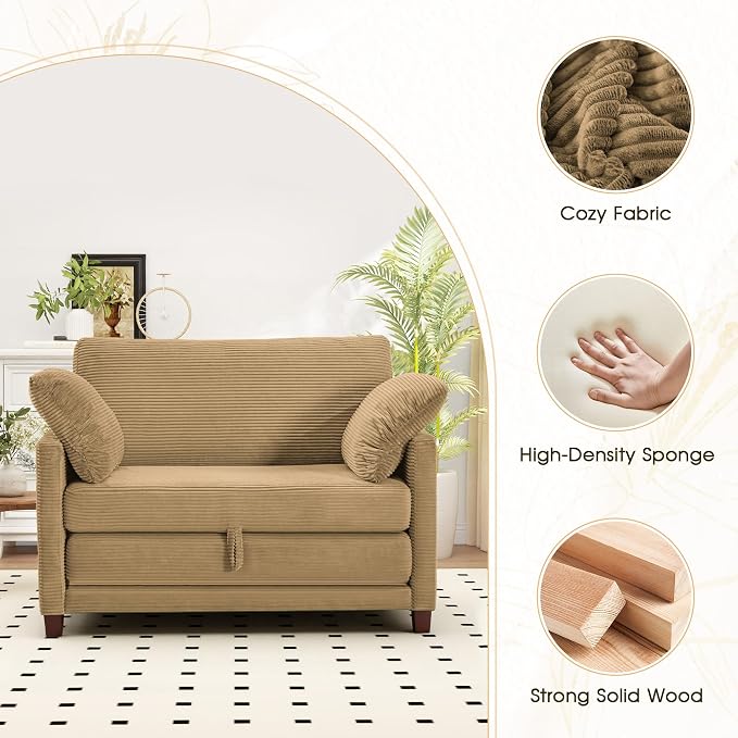 Myroyalsit 51" Convertible Loveseat Sofa Bed, 2-in-1 Folding Sofa Bed with 2 Pillow for Small Spaces, Modern Loveseat Sleeper Couch for Apartment, Living Room & Guest Room (Brown Corduroy, 51 inch)