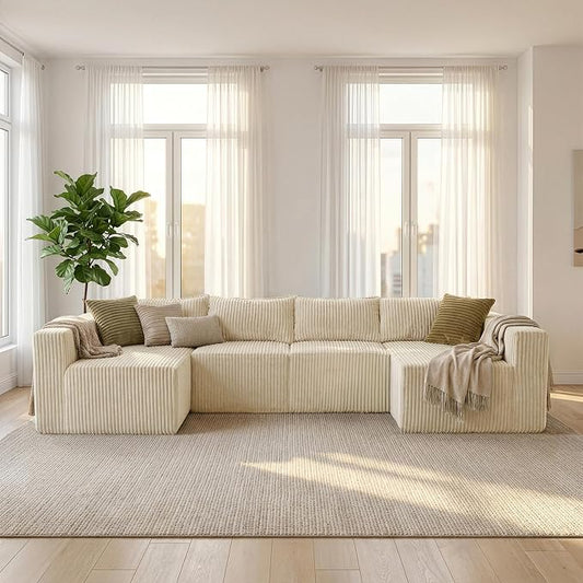 Claiks 128" Modular Boneless Couch, Sectional Couches for Living Room, Modern Cloud Sofa with Double Chaise, No Assembly Required, Beige