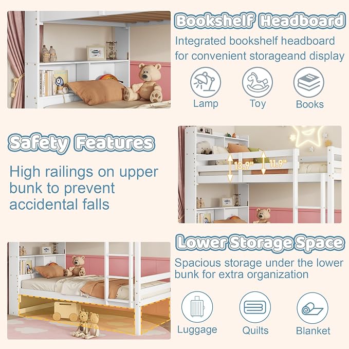 Twin Over Twin Bunk Bed with Storage Bookcase Headboard for Kids Boys Girls Teens, Rubber Wood Bunk Beds Frame with Storage Shelves, Can Be Separated into 2 Platform Beds, White