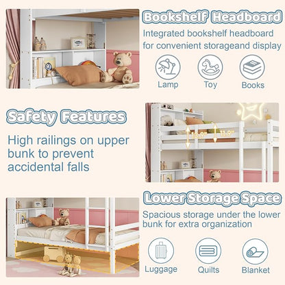 Twin Over Twin Bunk Bed with Storage Bookcase Headboard for Kids Boys Girls Teens, Rubber Wood Bunk Beds Frame with Storage Shelves, Can Be Separated into 2 Platform Beds, White