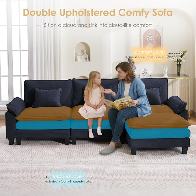 122" Corduroy Modular Sectional Sofa, Convertible L Shaped Modular Sofa Comfy Cloud Couch with Ottoman, Side Pockets and 3 Throw Pillows for Living Room, Blue, 4 Seats
