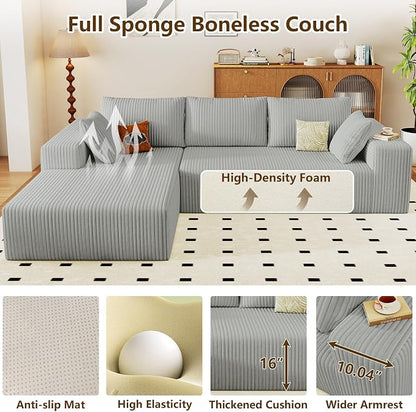 96" Modular Sectional Couch, Boneless L Shaped Cloud Sofa with Chaise Lounge, Corduroy Upholstered Couches Memory Foam Deep Seat, No Assembly Required, Ideal for Living Room(Light Gray, Left Facing)