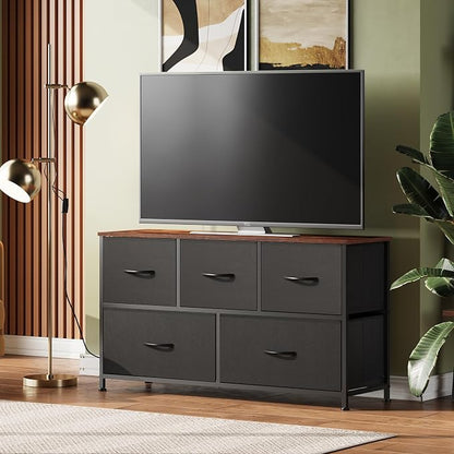 WLIVE Dresser for Bedroom with 5 Drawers, Wide Chest of Drawers, Fabric Dresser, Storage Organizer Unit with Fabric Bins for Closet, Living Room, Hallway, Black and Rustic Brown