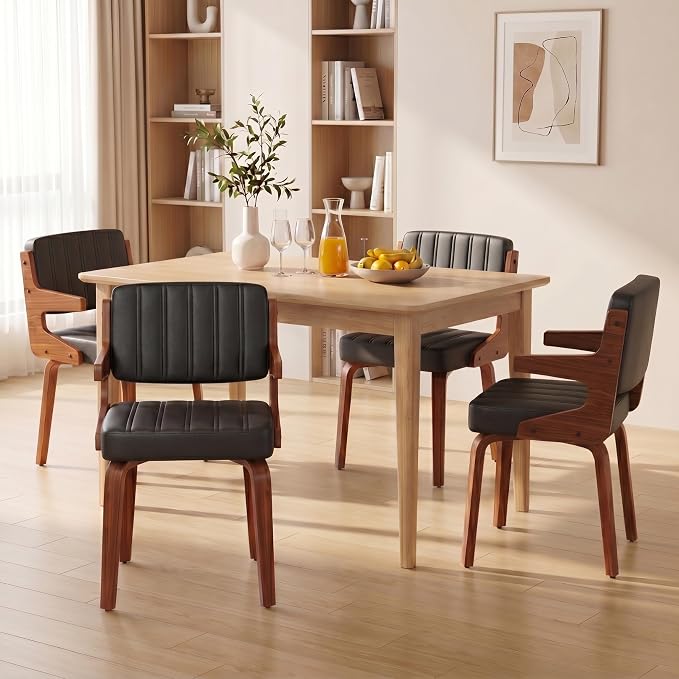 Dining Chairs Set of 4 with Hanging Armrest Black | Set of 4 with hanging armrests for compact table-edge storage. Walnut frame with premium faux leather upholstery