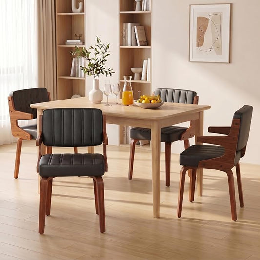 Dining Chairs Set of 4 with Hanging Armrest Black | Set of 4 with hanging armrests for compact table-edge storage. Walnut frame with premium faux leather upholstery