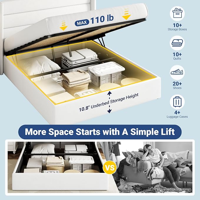 Allewie Full Size Velvet Lift Up Storage Bed, Modern Wingback Headboard, Hydraulic Support, No Box Spring Needed, White
