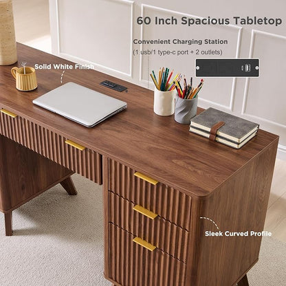 T4TREAM Fluted Executive Desk with Drawers, 60" Modern Home Office Computer Desk with Charging Station, File Cabinet, Keyboard Tray and Storage Cabinet for Study, Living Room, Bedroom, Light Walnut