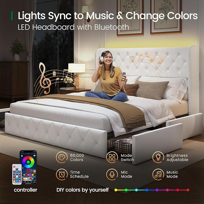 LARMACE King Size Bed Frame with LED Lights and 4 Storage Drawers Velvet Upholstered Platform Bed Frame with 47.2" Tall Tufted Headboard Wingback, No Box Spring Needed, Easy to Assemble, White
