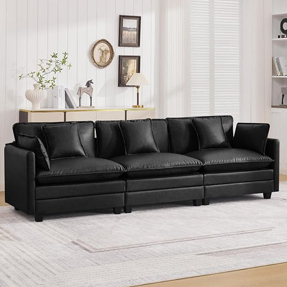 111'' Sectional Cloud Deep Seat Couch, Modern Comfy Leather Modular Sectional Sofa for Living Room Set, Upholstered Modular 3-Seats Sofa Couch, Leather Black