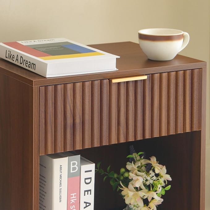 Fultyle Nightstand with Charging Station, Fluted Night Stand with USB and Type C Ports, Mid Century Modern Bedside Table with Drawer and Storage Shelf for Bedroom, Living Room, Office (Walnut Brown)