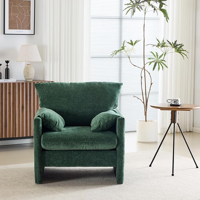 34" Wide Accent Chair for Living Room, Chenille Oversized Armchair Modern Upholstered Lounge Chair Mid-Century Reading Chair for Bedroom Comfy Single Sofa Chair, Green