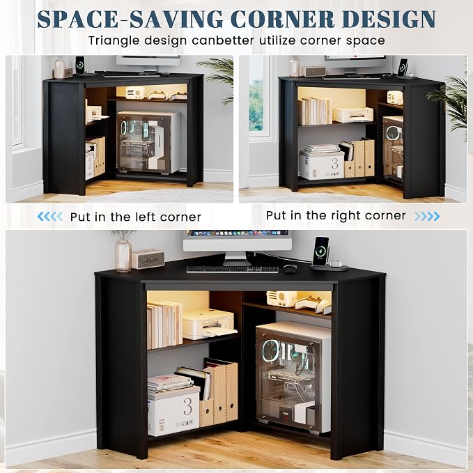 Corner Desk with Charging Station and LED Lights, Black | Triangle gaming computer desk for home office. Features space saving storage shelves, CPU stand, and smart LED light