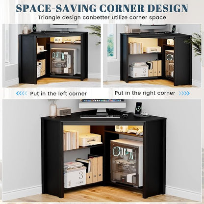 Corner Desk with Charging Station and LED Lights, Black | Triangle gaming computer desk for home office. Features space saving storage shelves, CPU stand, and smart LED light