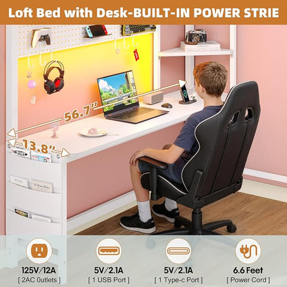 Dnxao Full Size Loft Bed with Desk, 900 lbs Heavy Duty Metal Bed Frame for Adults & Teens, 6 Storage Drawers, Power Outlet with Type-C, LED Lights, Integrated Study Workstation for Small Room, White