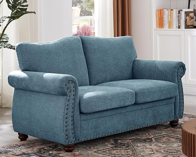 ONBRILL Nailhead Sofa, 66 Inch Small Couch with Rolled Arms, Chenille Fabric Loveseat w/Springs Seat Cushion, Vintage Curved Back, Turned Wood Legs, Comfy Couch for Living Room, Farmhouse, Teal