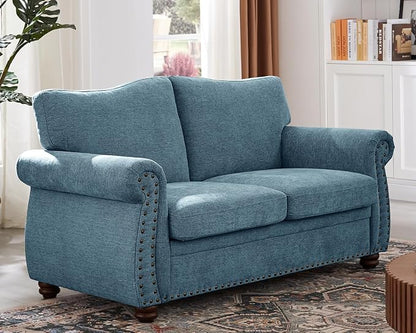 ONBRILL Nailhead Sofa, 66 Inch Small Couch with Rolled Arms, Chenille Fabric Loveseat w/Springs Seat Cushion, Vintage Curved Back, Turned Wood Legs, Comfy Couch for Living Room, Farmhouse, Teal