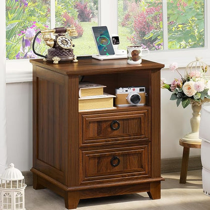 Joaxswe 18" Farmhouse Night Stand with Charging Station, 2 Drawers End Table Dresser for Bedroom, Brown Wooden Nightstand, Bed Side Table with Open Shelf, Bedside Cabinet for Living Room, Closet