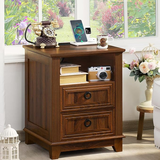 Joaxswe 18" Farmhouse Night Stand with Charging Station, 2 Drawers End Table Dresser for Bedroom, Brown Wooden Nightstand, Bed Side Table with Open Shelf, Bedside Cabinet for Living Room, Closet
