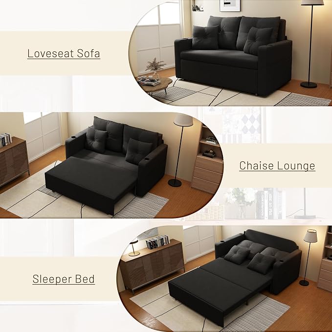 Krcix 3 in 1 Sofa Bed, 56 Inch Convertible Pull Out Couch, Loveseat Sleeper Sofa with Cup Holders, USB, Side Pockets, Multi-Function Couch Bed for Living Room, Apartment, Black
