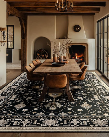 RELEANY Area Rugs Large 10'x14' Washable Non-Slip, Floral Vintage Distress Medallion Carpet for Living Room Bedroom Dining Room, Black Brown Neutral Dark Tan