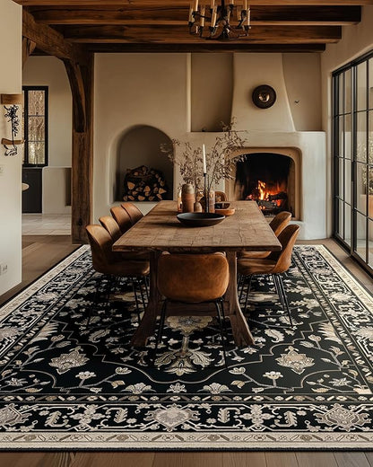 RELEANY Area Rugs 6'x9' Washable Non-Slip, Floral Vintage Distress Medallion Carpet for Living Room Bedroom Dining Room, Black Brown Neutral Dark Tan