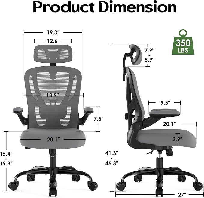 Office Chair Ergonomic Desk Chair - Mesh High Back Office Chair with Headrests Wheels Lumbar Support Home Desk Office Chairs Flip up Armrest Executive Rolling Computer Chair Black Gray 8 Pack
