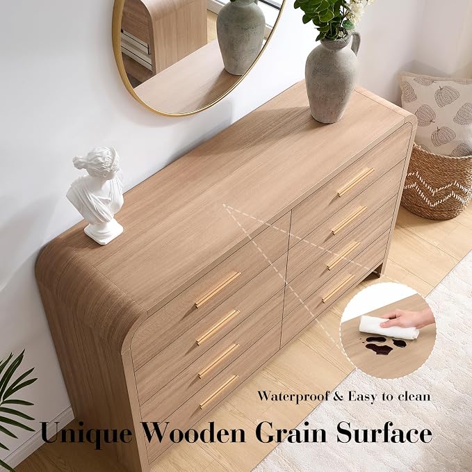Curved 8 Drawer Dresser for Bedroom, 53.82'' Wide Chest of Drawers, Modern Storage Cabinet for Hallway & Living Room TV Stand, FSC Certified 1.18" Thick Board, 100 lbs Top Weight, Oak