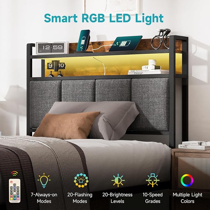 Twin Bed Frame with LED Light &Charging Station, Metal Platform Bed with 2-Tier Shelves & Under Bed Storage, Upholstered Headboard&Footboard,No Box Spring Needed,Noise Free,Easy Assembly,Vintage Brown