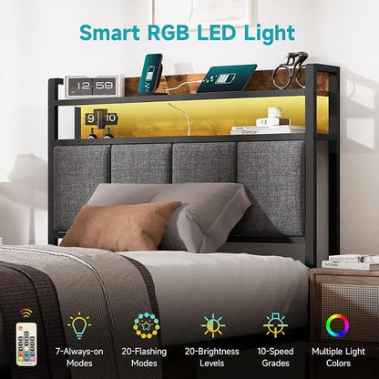 Twin Bed Frame with LED Light &Charging Station, Metal Platform Bed with 2-Tier Shelves & Under Bed Storage, Upholstered Headboard&Footboard,No Box Spring Needed,Noise Free,Easy Assembly,Vintage Brown