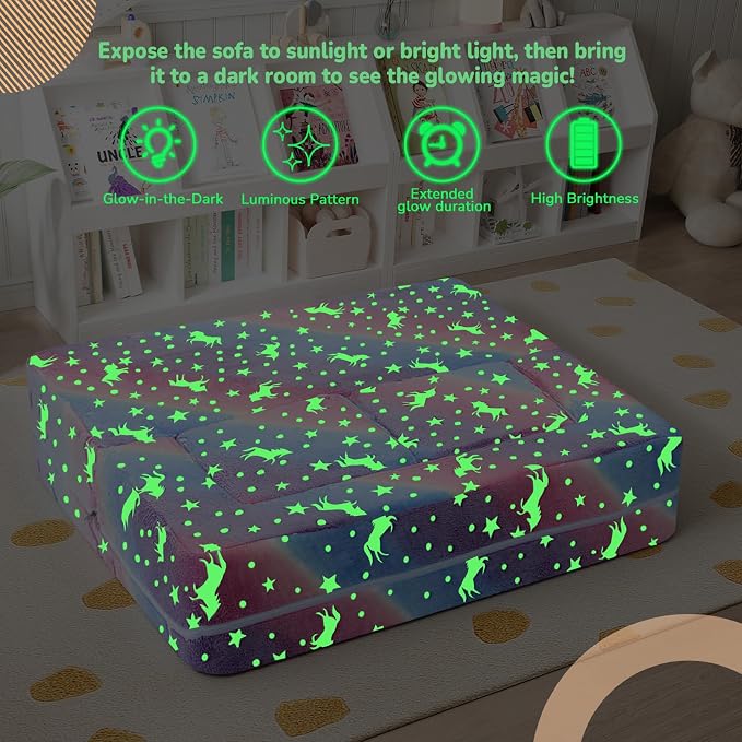MeMoreCool Glow in the Dark Kids Couch – Modular Fold-Out Toddler Sofa (Rainbow) | Convertible Play Couch for Bedroom & Playroom; Chair, Bed, Fort or Ball Pit; Machine-Washable Velour Cover