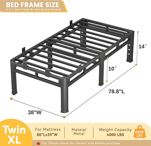 14 Inch Twin XL Bed Frame, Metal Double Layer Steel 4000 lbs Capacity, Platform with Large Under Bed Storage Space, No Box Spring Needed, Noise-Free, Easy Assembly