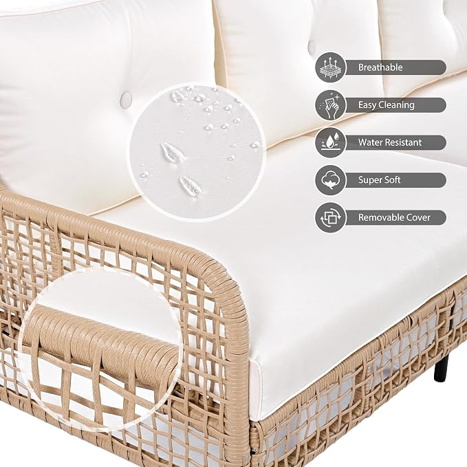 4-Piece Outdoor Wicker Sectional Sofa Set, All Weather Patio Conversation Set with 3-seater Sofa, 2 Swivel Chairs and Coffee Table, Cushions, Suitable for Poolside Backyard Deck (Beige-Swivel)