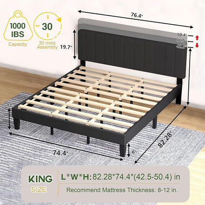 King Size Bed Frame with Velvet Upholstered Platform Bed and Wooden Slats Support, Adjustable Height Headboard/No Box Spring Needed/Easy Assembly/Mattress Foundation, Black