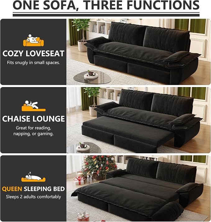 70.1" Sofa Bed Queen Size, Pull Out Couch Bed, 3-in-1 Convertible Sleeper Sofa with Cushion Armrest, Modern Velvet Futon Couch for Living Room, Small Space, Apartment, Bedroom, Black