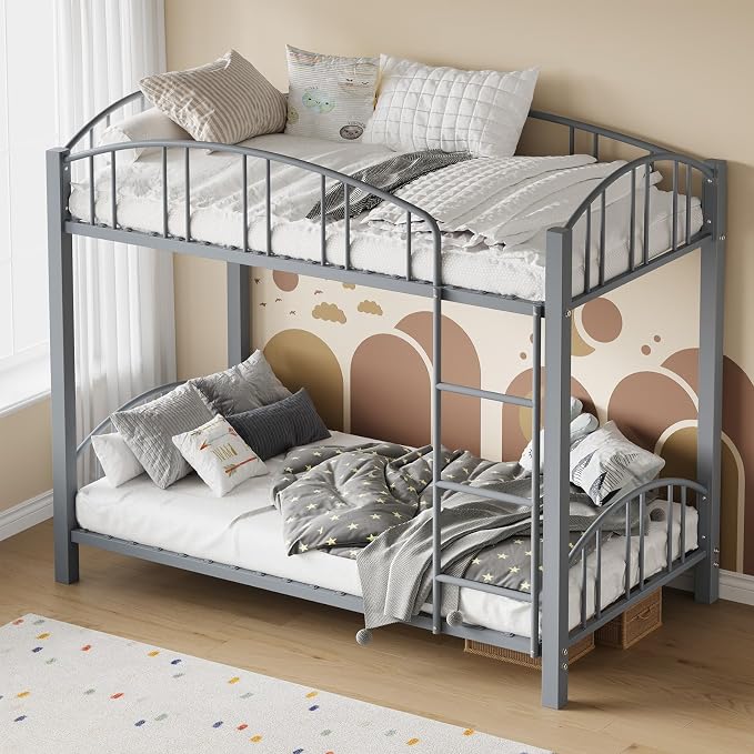 IDEALHOUSE Twin Over Twin Bunk Bed Frame, Twin Bunk Bed Frame with Heightened Arched Guardrail and Safety Ladder, Sturdy Steel Bed for School, Bedroom, Easy Assembly, Modern Matte Gray