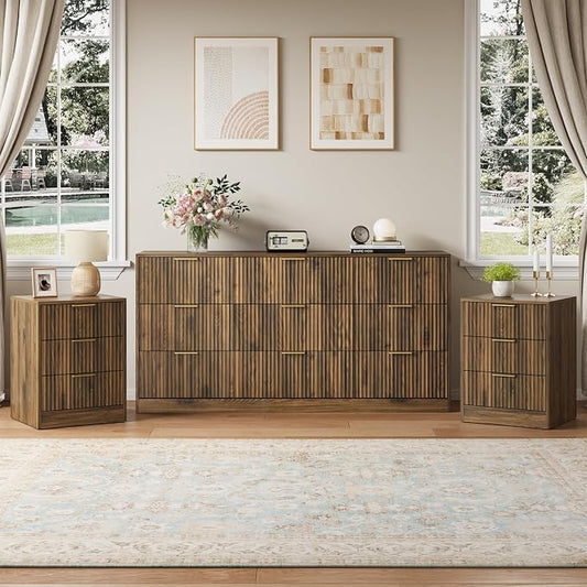 Walnut Dresser & 3 Drawer Nightstand Set 3-Piece, 63” Long 9 Drawer Dresser and Night Stand Set of 2, Fluted Modern Wood Chest of Drawers Storage Dressers Set for Bedroom, Walnut
