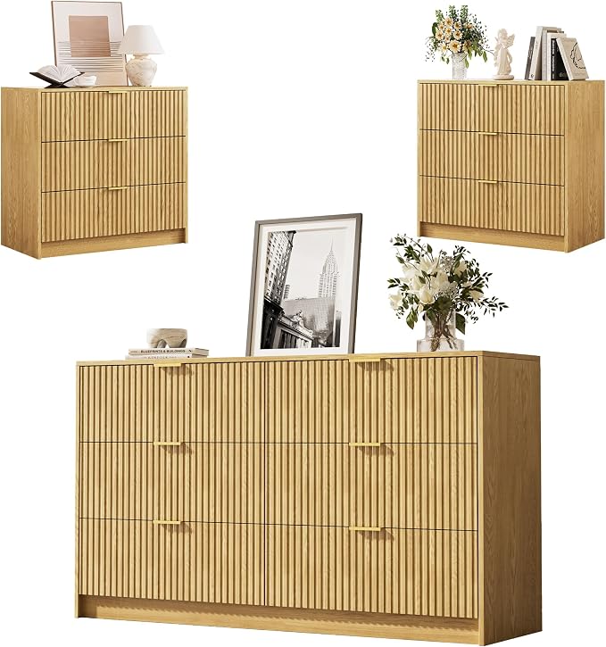 MAISONARIA 3-Piece Dresser Bedroom Set, 6 Drawer Dresser & 3 Drawer Nightstands with Gold Handles, Fluted Wood Chest of Drawers for Bedroom, Living Room, Entryway, Natural