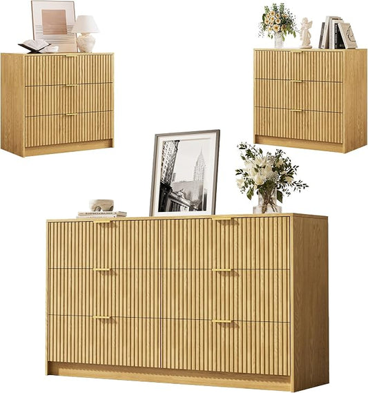 MAISONARIA 3-Piece Dresser Bedroom Set, 6 Drawer Dresser & 3 Drawer Nightstands with Gold Handles, Fluted Wood Chest of Drawers for Bedroom, Living Room, Entryway, Natural