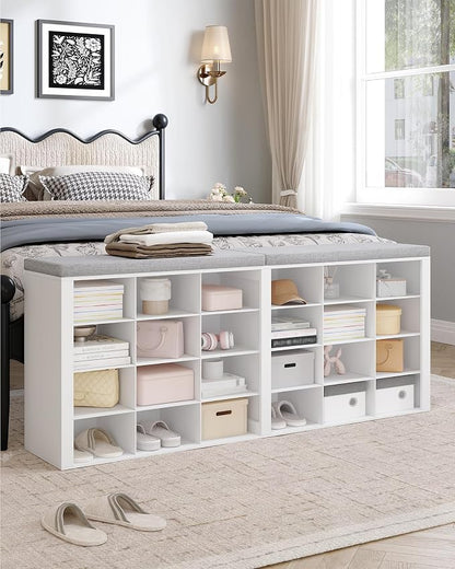 Hzuaneri Shoe Storage Bench with Cushion, Entryway Storage Bench with 24 Cubbies, 9.5" Widened Organizer Cabinet, Long Cubby Rack for Living Room, Bedroom, Entryway, White SB32403GY