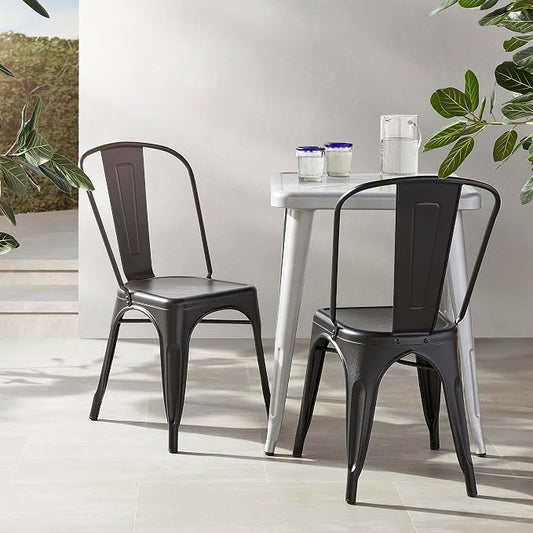 Amazon Basics Metal Dining Chairs, Easy to Assemble, Indoor/Outdoor, Stackable, Matte Black, 4-Pack