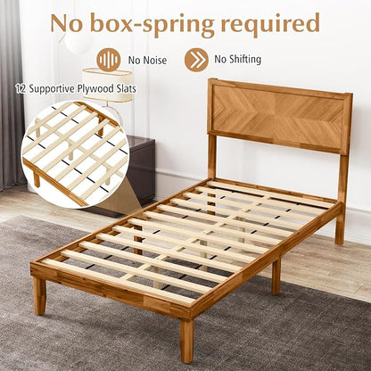 KOMFOTT Twin Size Wood Bed Frame with Headboard, Solid Acacia Wood Platform Bed Frame, Wooden Slats Supported Bed Base with Under-Bed Storage Space, No Box Spring Needed Mattress Foundation