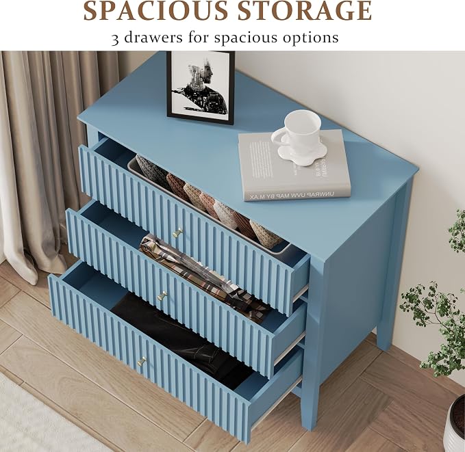 RoyalCraft Fluted 3 Drawer Dresser Set of 2, 32'' Wide Dresser Nightstand for Bedroom, Modern Wood Chest of Drawers, Large Painted Nightstand with 3 Drawers for Closet, Hallway, Entryway, Light Blue