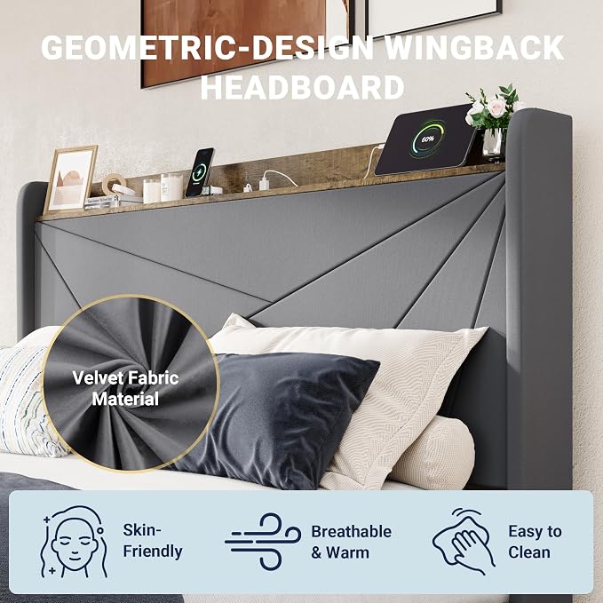 Allewie Full Size Velvet Bed Frame with 3 Storage Drawers, Upholstered Platform Bed with Wingback Storage Headboard and USB Ports, No Box Spring Needed, Easy Assembly, Grey