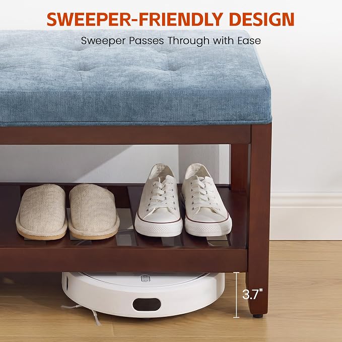 HUBSON 44" Entryway Shoe Bench, Upholstered End of Bed Bench with Solid Wood Shelf, Button Tufted Shoe Bench for Bedroom, Hallway, Living Room, Blue